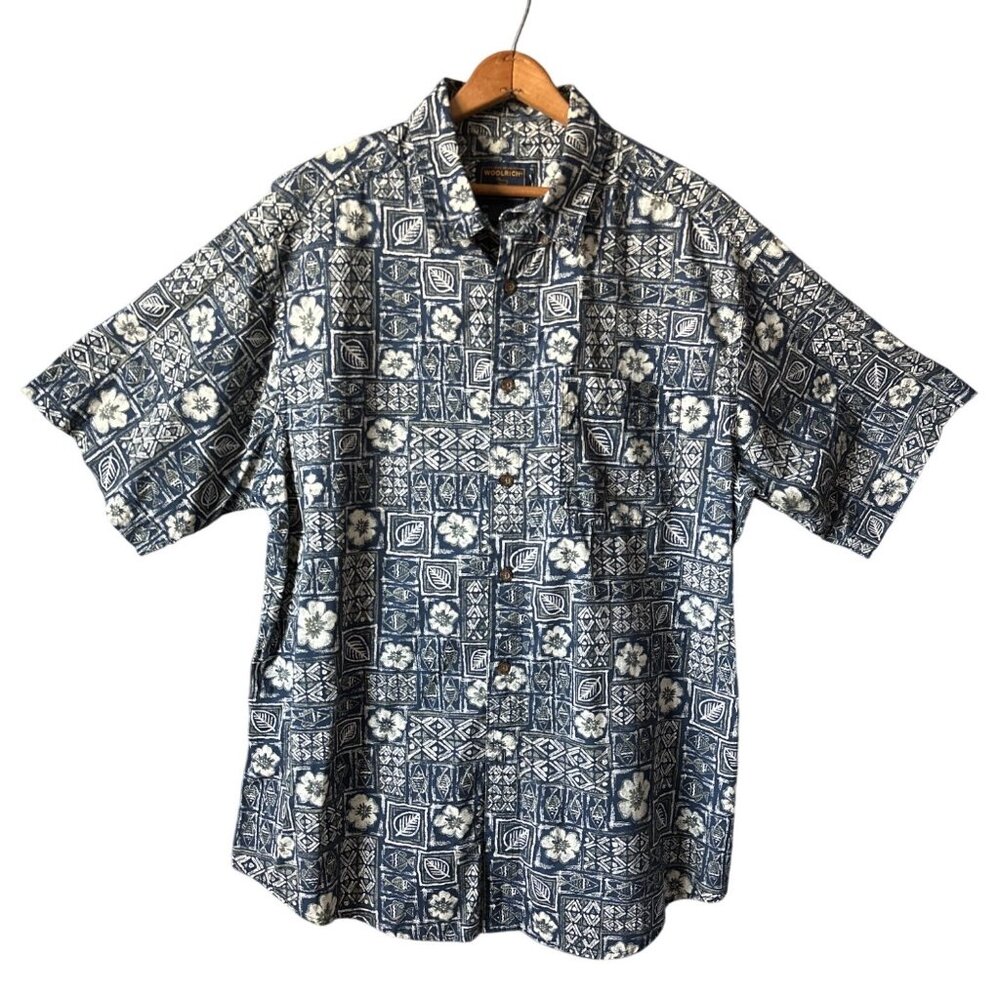 Woolrich Navy Tropical Fish Short Sleeve Button-Up Shirt Vintage Cotton Size XL